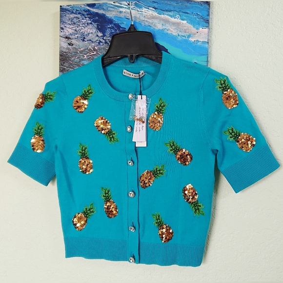 ALICE + OLIVIA Brady Sequin Pineapple Cardigan NWT - Picture 7 of 15